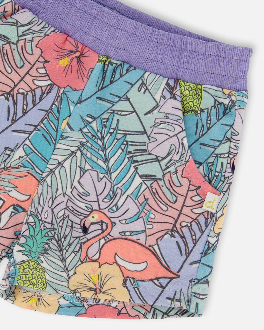 Printed French Terry Short Lilac Tropical And Pink Flamingos