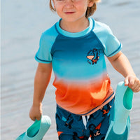 Printed Swim Trunks Orange Sloths On Navy Blue