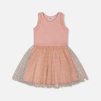 Bi-Material Dress With Printed Dots On Mesh Skirt Warm Old Pink