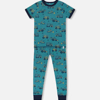 Organic Cotton Two-Piece Short Sleeve Top And Pant Pajama Set Teal With Yellow Truck