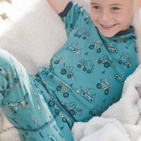 Organic Cotton Two-Piece Short Sleeve Top And Pant Pajama Set Teal With Yellow Truck