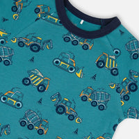 Organic Cotton Two-Piece Short Sleeve Top And Pant Pajama Set Teal With Yellow Truck
