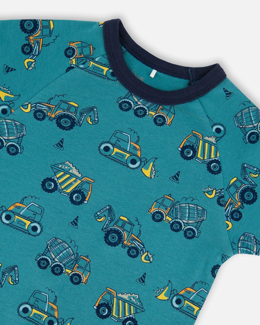 Organic Cotton Two-Piece Short Sleeve Top And Pant Pajama Set Teal With Yellow Truck