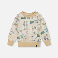 Printed Pullover Sweatshirt Beige Palm Tree And Teal