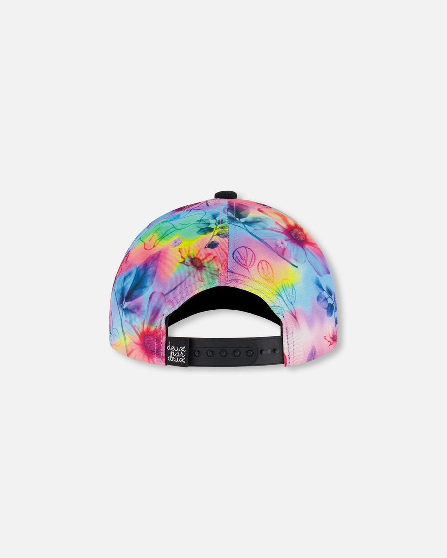 Printed Cap With Floral Print On Black And Multicolored Background