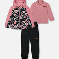 3-In-1 Mid-Season Outerwear Set With Printed Jacket Pink, Black, And Flowers