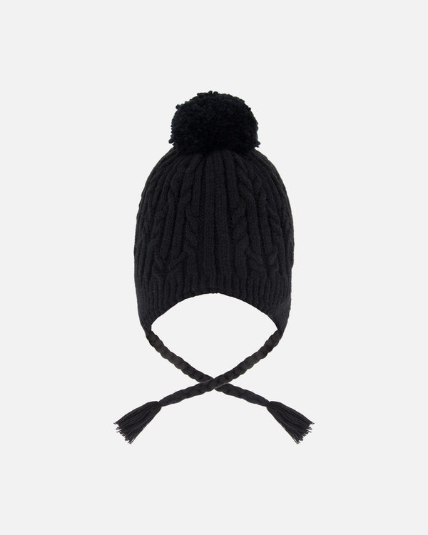 Lined Winter Hat With Pompom Black