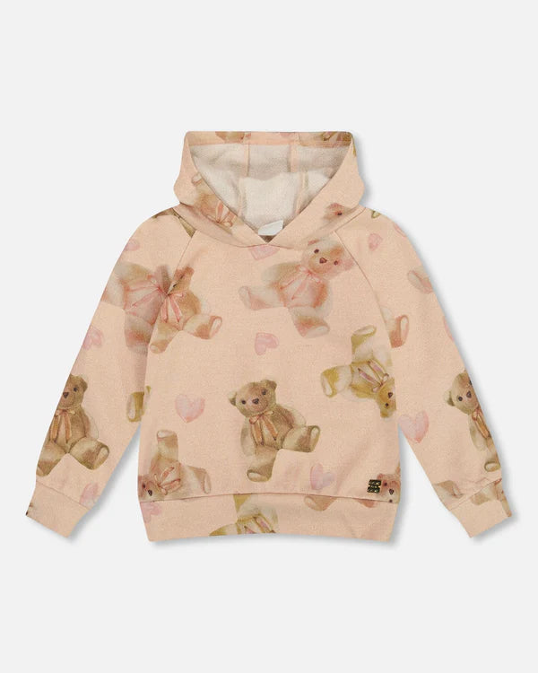 Glittering French Terry Hoodie Beige Teddy Bear Print