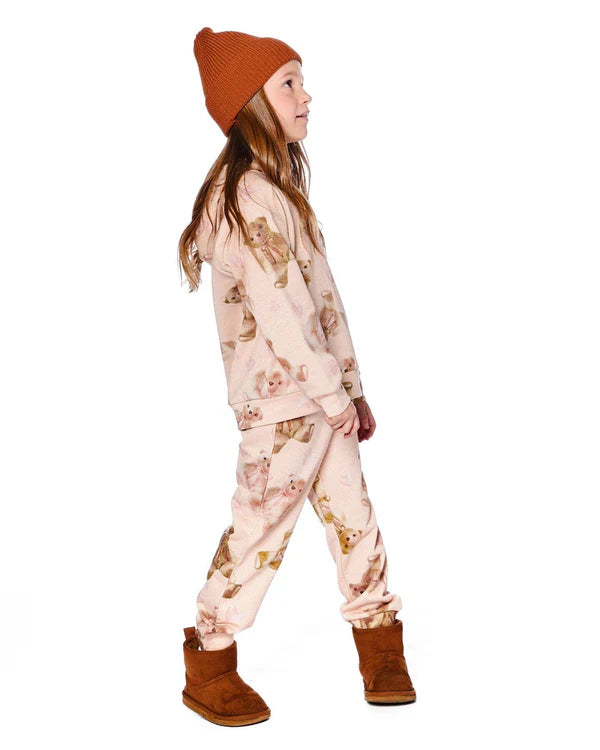 Glittering French Terry Hoodie Beige Teddy Bear Print