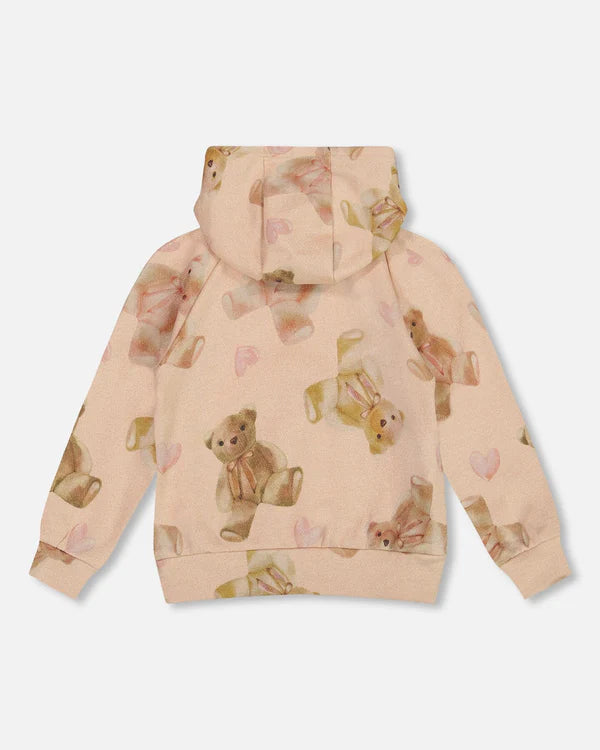 Glittering French Terry Hoodie Beige Teddy Bear Print