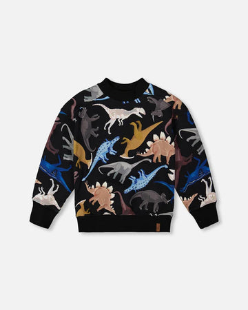 Pullover Fleece Sweatshirt Black Dinosaur Print