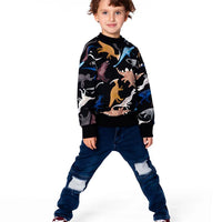 Pullover Fleece Sweatshirt Black Dinosaur Print