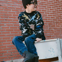 Pullover Fleece Sweatshirt Black Dinosaur Print