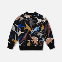 Pullover Fleece Sweatshirt Black Dinosaur Print