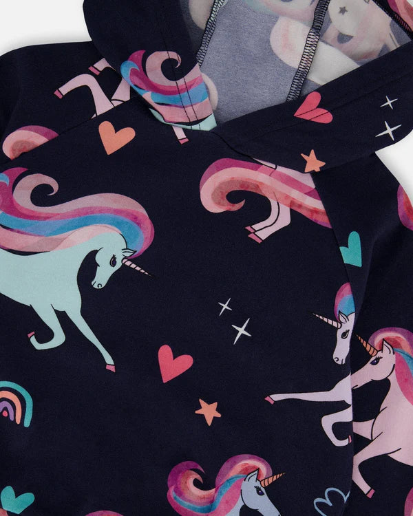 Pullover Fleece Hoodie Navy Unicorn Print
