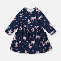Jersey Dress With Pockets Navy Unicorn Print
