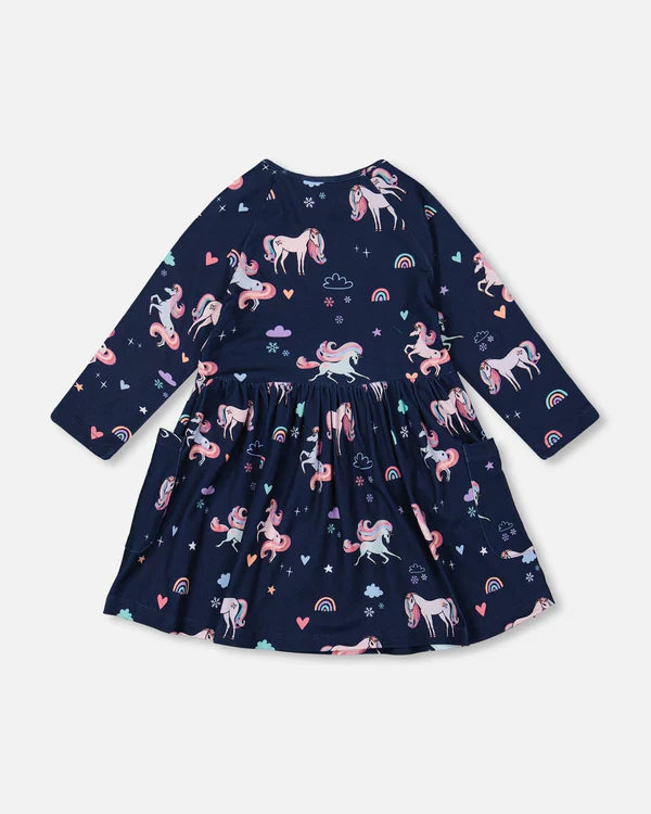 Jersey Dress With Pockets Navy Unicorn Print