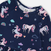 Jersey Dress With Pockets Navy Unicorn Print