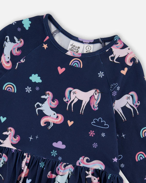 Jersey Dress With Pockets Navy Unicorn Print