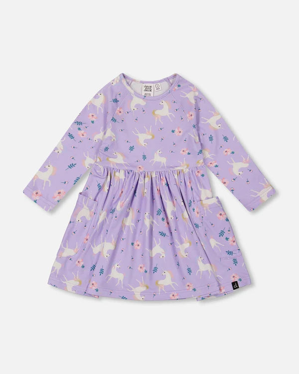 Jersey Dress With Pockets Lilac Unicorn Print