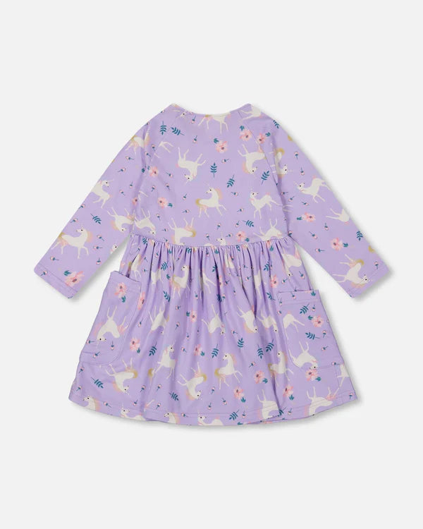 Jersey Dress With Pockets Lilac Unicorn Print