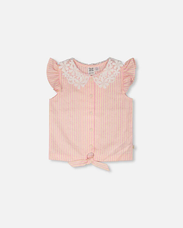Sleeveless Shirt Pink And Yellow Stripes With Crochet Collar