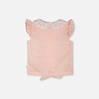 Sleeveless Shirt Pink And Yellow Stripes With Crochet Collar