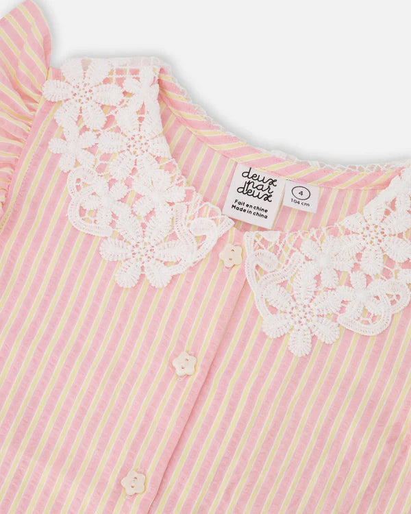 Sleeveless Shirt Pink And Yellow Stripes With Crochet Collar
