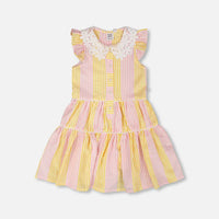 Sleeveless Dress With Crochet Peter Pan Collar Pink And Yellow Stripes
