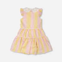 Sleeveless Dress With Crochet Peter Pan Collar Pink And Yellow Stripes