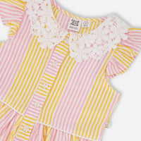 Sleeveless Dress With Crochet Peter Pan Collar Pink And Yellow Stripes