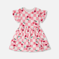 Organic Cotton Jersey Dress Pink Printed Cherries