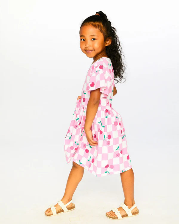 Organic Cotton Jersey Dress Pink Printed Cherries