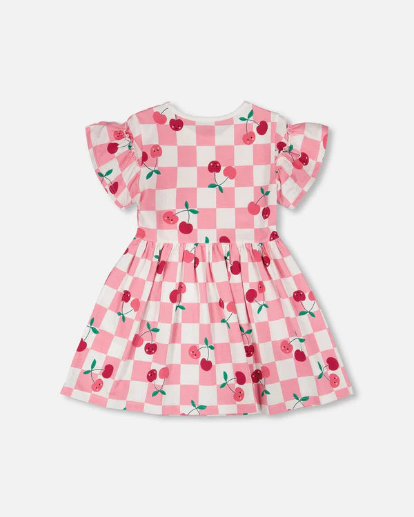 Organic Cotton Jersey Dress Pink Printed Cherries