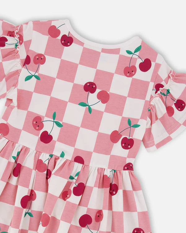 Organic Cotton Jersey Dress Pink Printed Cherries