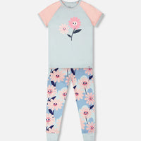 Organic Cotton Two-Piece Pyjama Set Blue Smiling Flower Print