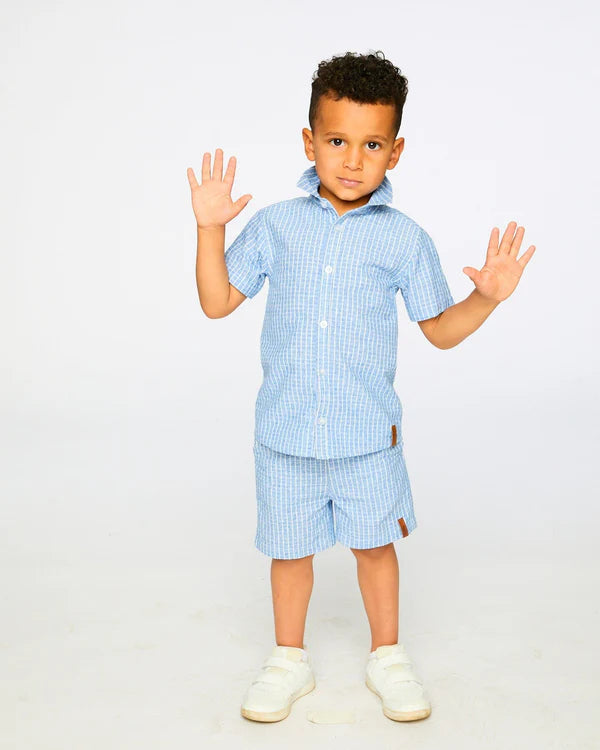 Printed Chambray Short-Sleeve Shirt Blue Denim Stripes