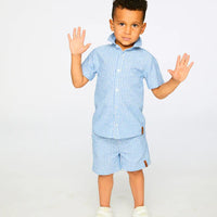 Printed Chambray Short-Sleeve Shirt Blue Denim Stripes