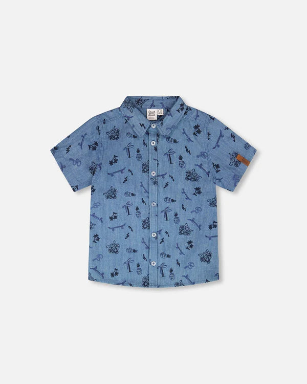 Chambray Short-Sleeve Shirt Blue Printed Skateboards