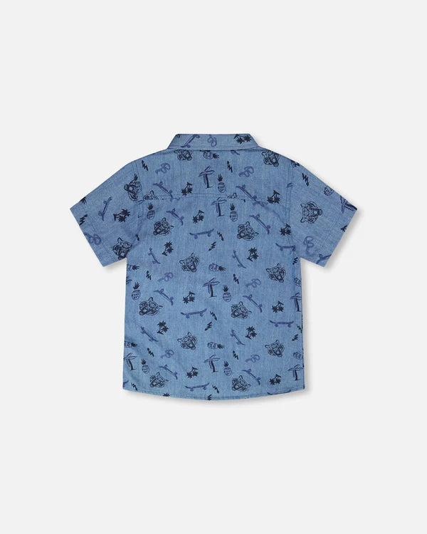 Chambray Short-Sleeve Shirt Blue Printed Skateboards