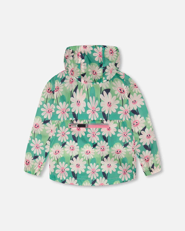 Packable Windbreaker In Polyester Green Smiling Flower Print