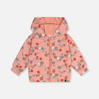 French Terry Hooded Cardigan Pink Cat Print