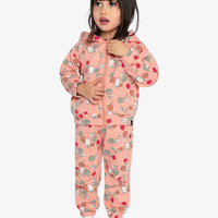 French Terry Hooded Cardigan Pink Cat Print