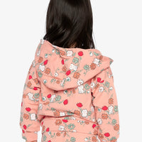 French Terry Hooded Cardigan Pink Cat Print