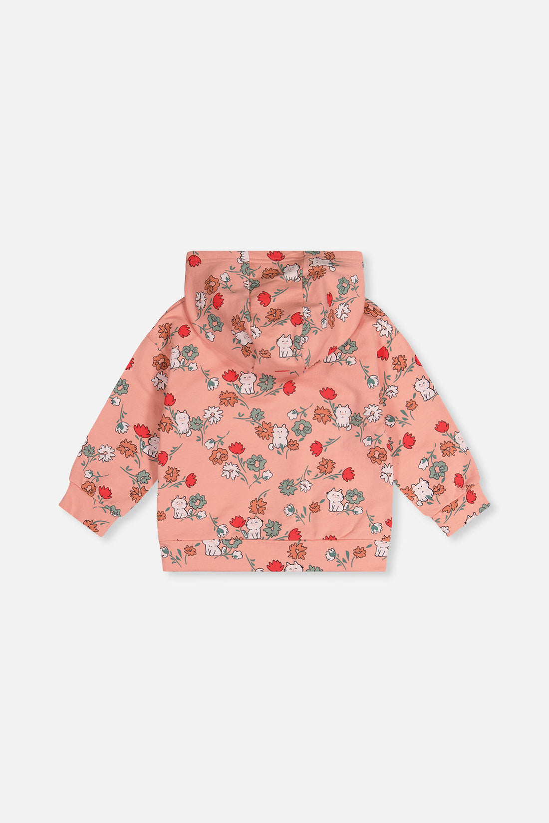 French Terry Hooded Cardigan Pink Cat Print
