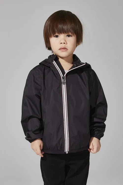 Kids black full zip packable rain jacket and windbreaker