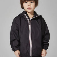 Kids black full zip packable rain jacket and windbreaker
