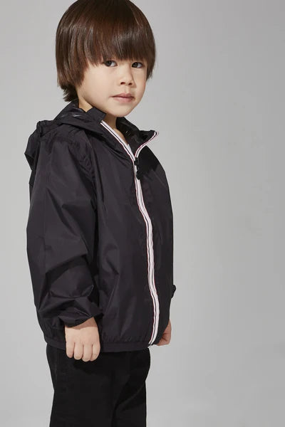 Kids black full zip packable rain jacket and windbreaker