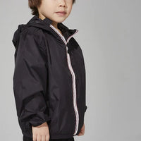 Kids black full zip packable rain jacket and windbreaker