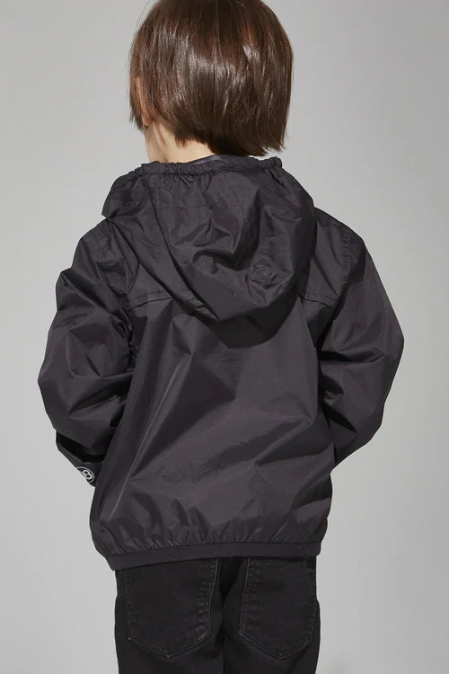 Kids black full zip packable rain jacket and windbreaker